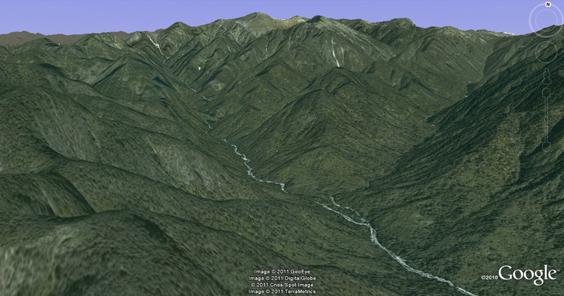 Hiking up the mountains along the river valley